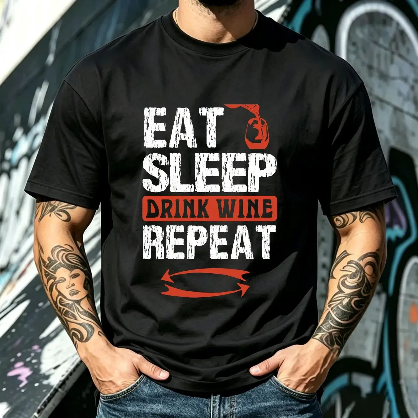 washed T Shirt BGD Eat Sleep Drink Wine Repeat Fun Design  vintage Washed Versatile Stylish designer clothes Stretched graphic