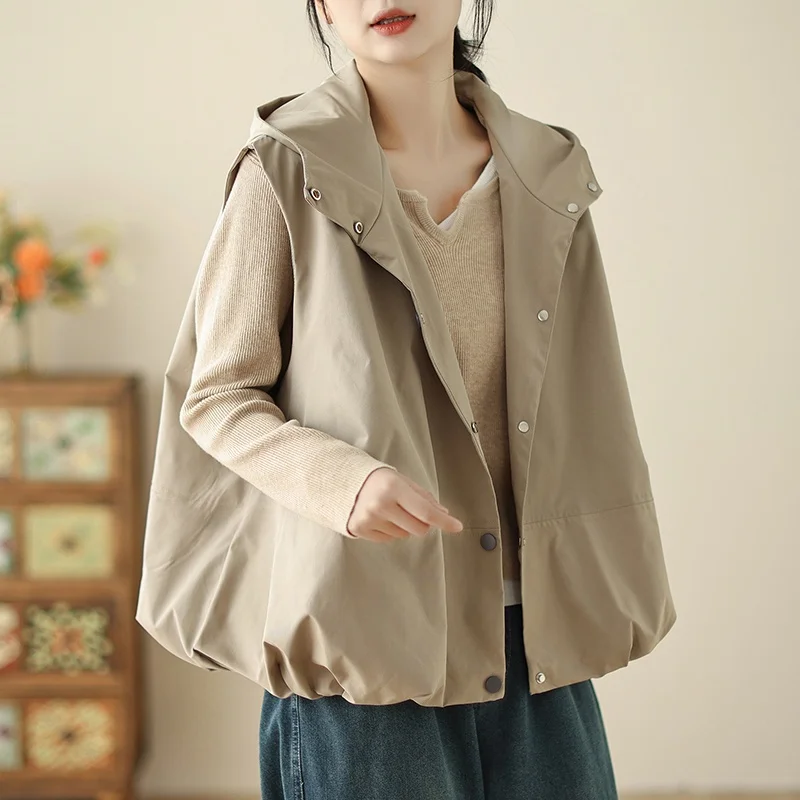 

New Artistic Color Hooded Vest Women's Casual Anti-Aging Versatile Open Cardigan Vest Svel Top Pure Color plus Size