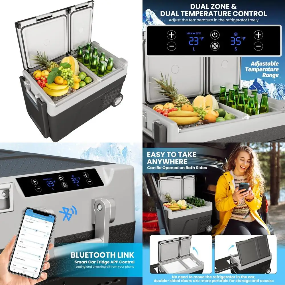 Portable 12V 48-Liter Car Fridge with Dual-Zone Temperature Control for Travel, Truck, and Camping
