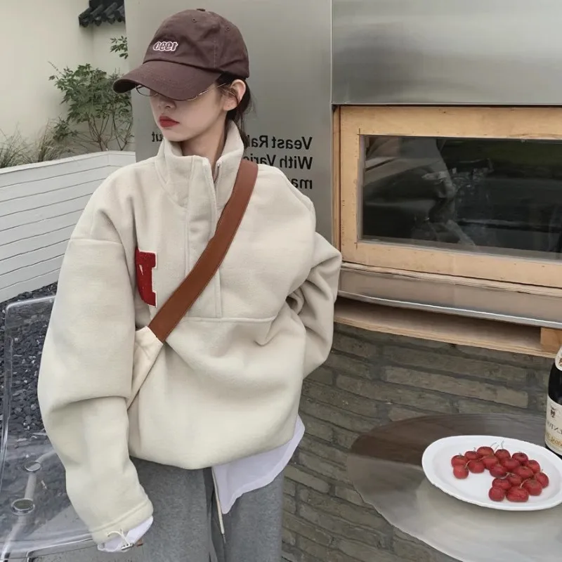 

Sherpa Hoodies for Women, High Street Tops, Word Embroidery Casual Traff Hoodies, 2024 Autumn