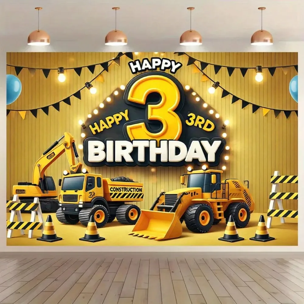 Alles Gute zum 3. Geburtstag Gebäude Thema Hintergrund Banner, Bagger Bau Thema 3. Geburtstag Party Fotografie Prop Hintergrund – Detail 2