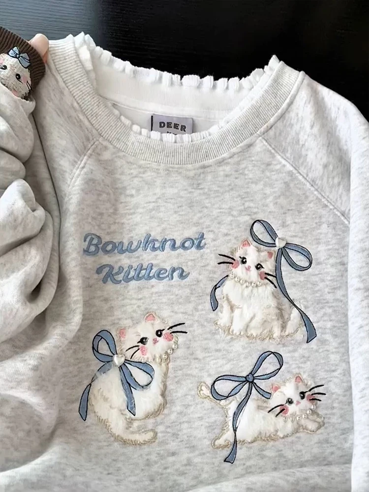 

Корейский утепленный свитшот с круглым вырезом, вышивкой и флисовой подкладкой, свободного кроя, с длинными рукавами, женский зимний повседневный топ