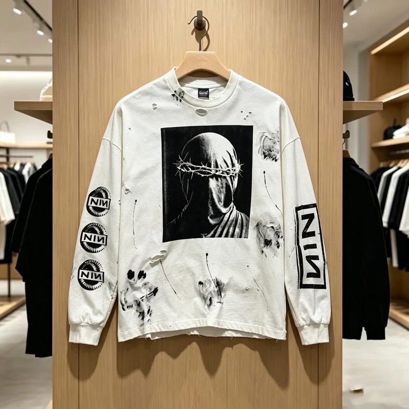 Washed Hole Damaged Death or Glory Saint Nine Inch Nails Box Masked Print T Shirt Men Women Stain Loose Long Sleeve T-shirt