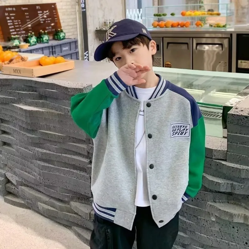 

2025 New Boys' Colorblock Baseball Jacket Spring Autumn Winter Big Kids Casual Jacket