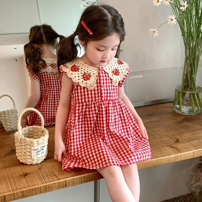 WOOFOO Baby Girl Dress Summer Red Checkered Cotton Girl Dress Cute Strawberry Lapel Girl Beach Dress