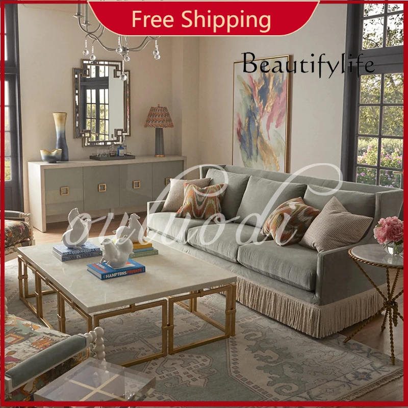 

SX French Simple Fabric Fringed Sofa Villa Small Apartment Solid Wood Sofa American Living Room Three-person Straight Sofa