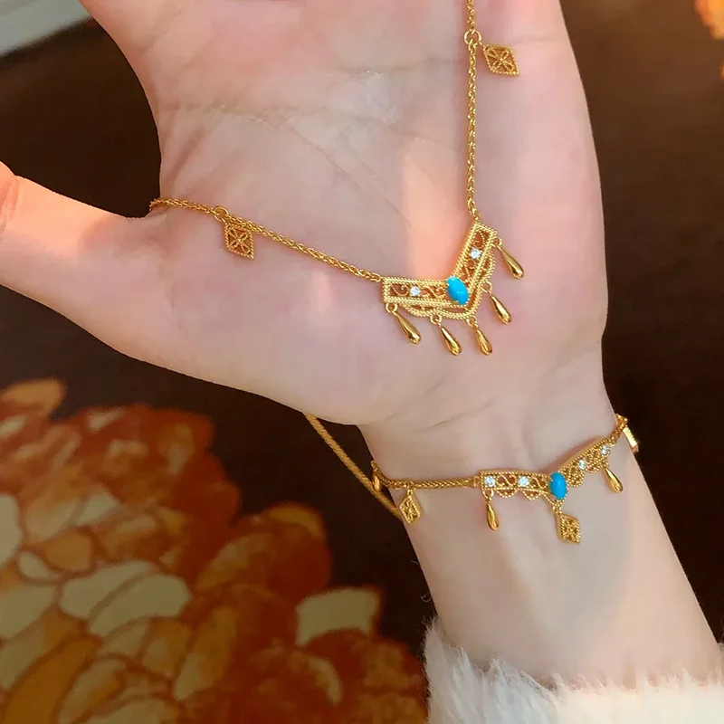 9999 Gold New Ethnic Style Antique-style Flowy Small Dangling Necklace Best-selling Retro Collar Chain Women's Style