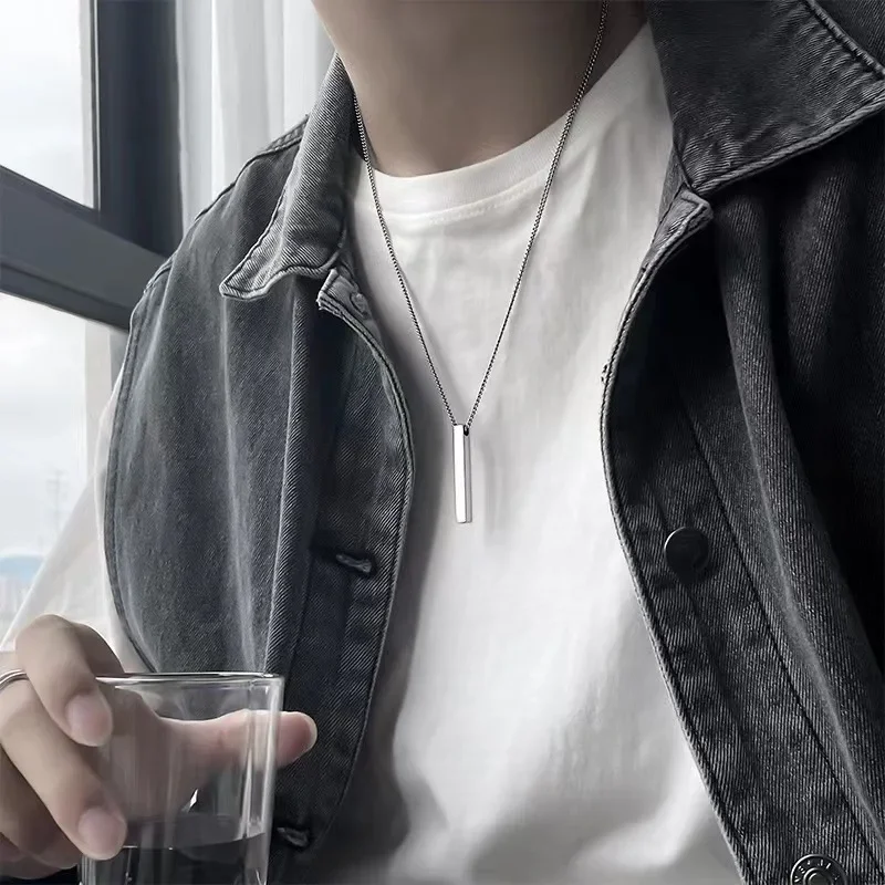 Simple Fashion 3D Vertical Bar Necklaces for Men Minimalist Stainless Steel Geometric Pendant Chain Male Collar Jewelry 3