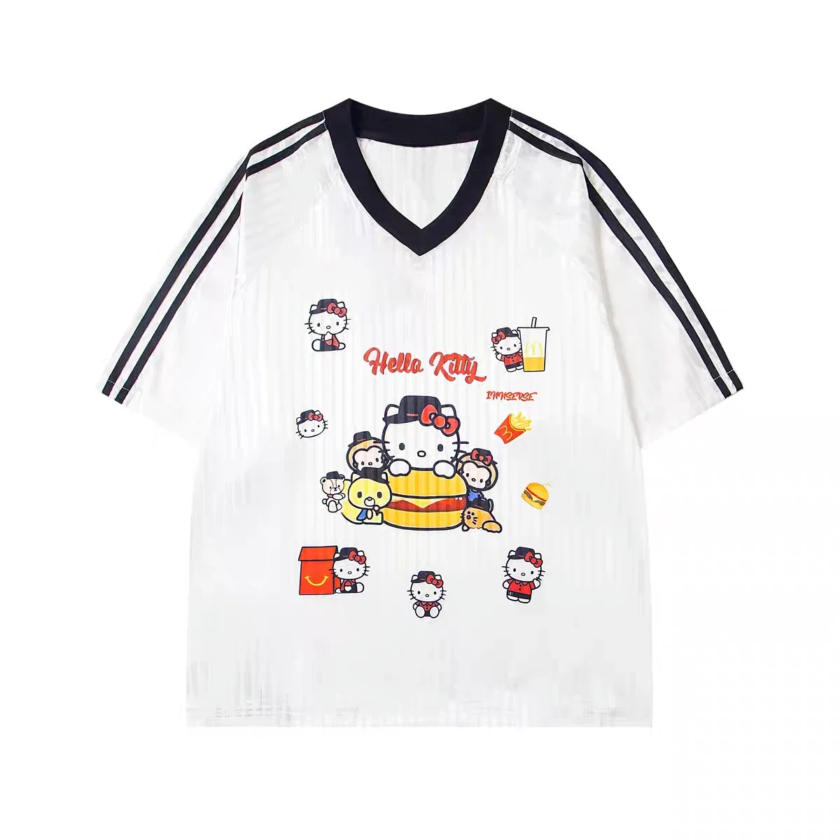 

Summer American Jersey Style Hello Kitty Cat Print V-neck Short-sleeved 3D Print T-shirt for Men and Women's Sports Jersey