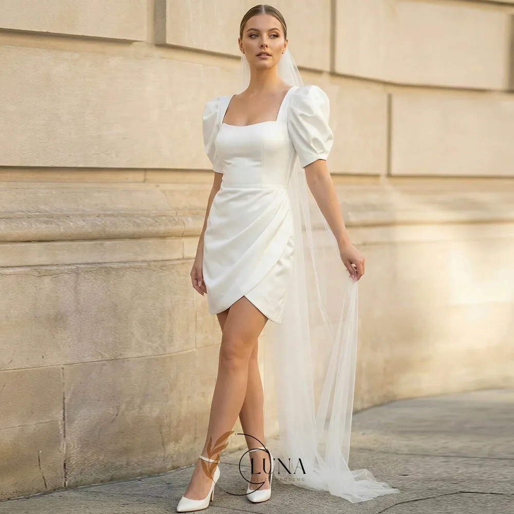 Luna Customized Sheath Short Sleeves Satin Wedding Dress Square Collar Corset Back Civil Bridal Party Dresses Vestidos De Novia
