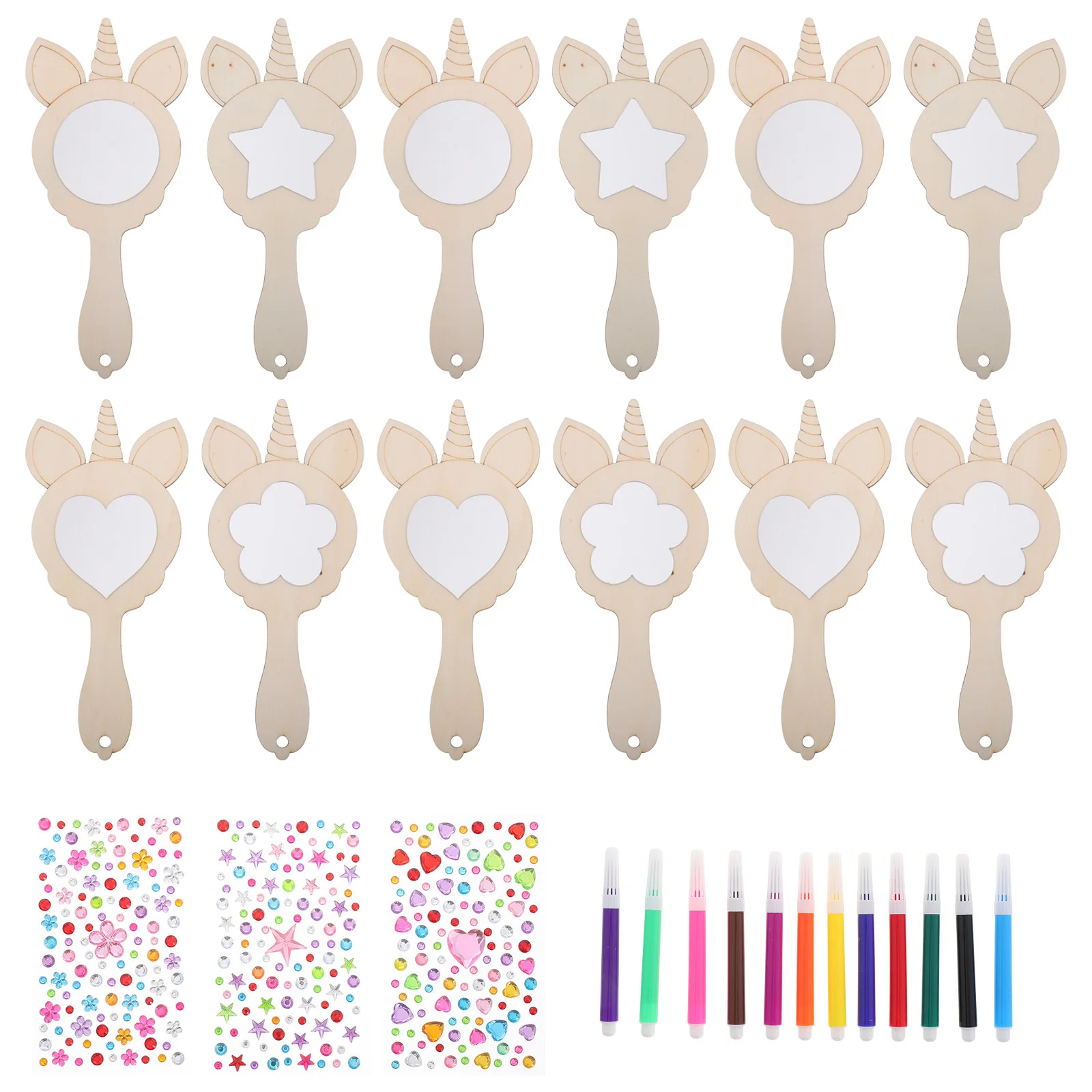 1 مجموعة لم تنته خشبية يونيكورن يده مرآة الحرفية مجموعة صغيرة دهان داي مرآة الاطفال الإبداعية ملحق الاطفال المرايا