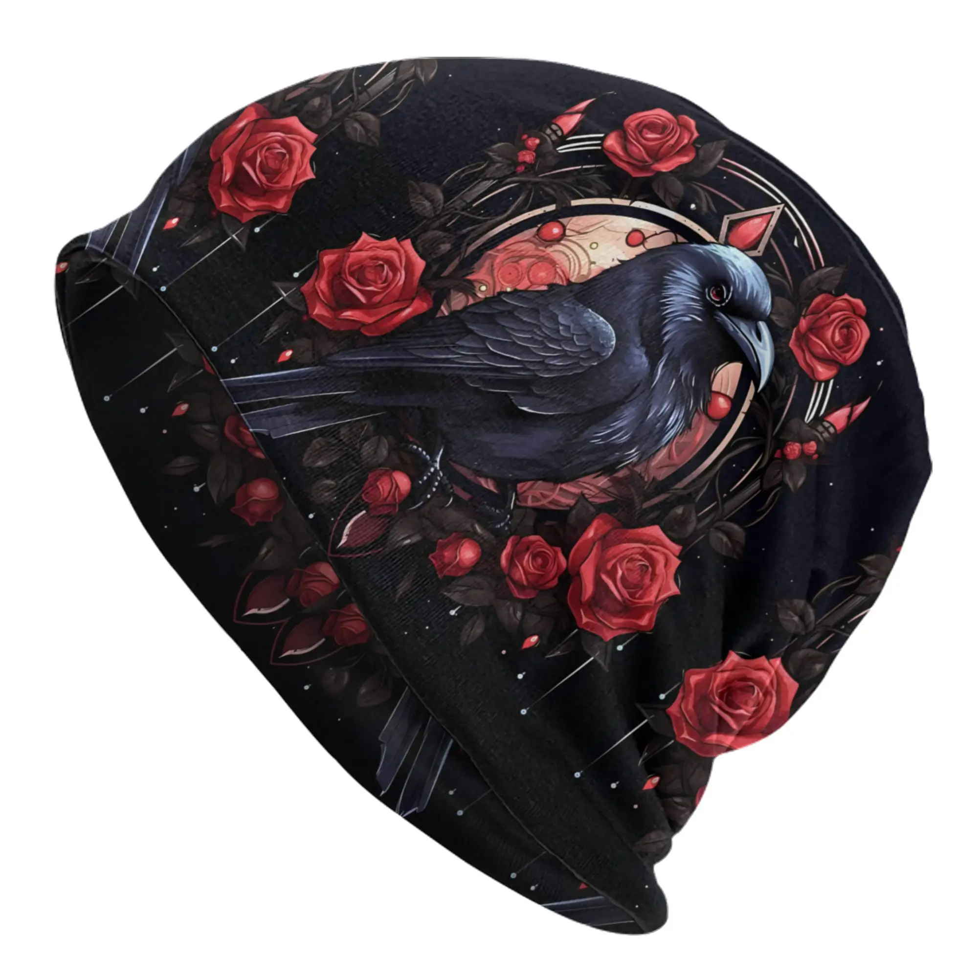 2D Print Design Raven And Roses Skull Cap Unisex Hip Hop Beanie Hat