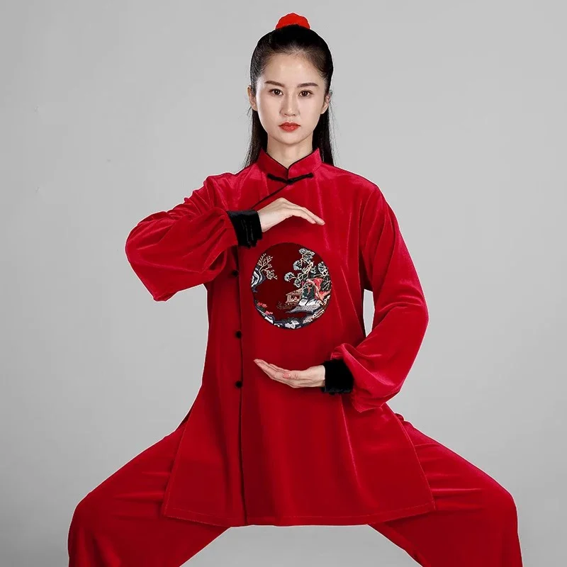 Kun Master Thicken Velvet Taichi Uniform Elegant Winter Martial Arts Suit Embroidery Kung Fu Clothes Taiji for Women