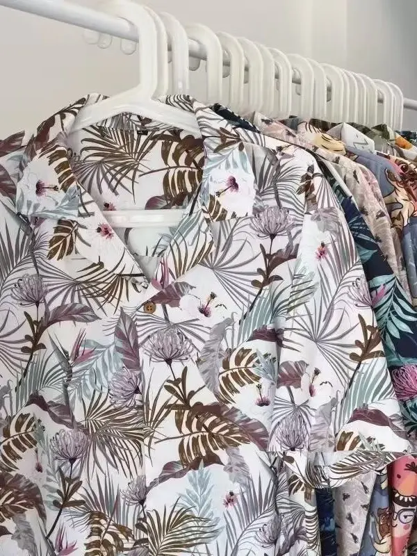 Vintage Thai Floral Shirt Loose Short Sleeve Cuba Collar Design Hawaiian Style Unisex Summer Fashion Youthful Printed Ice Silk