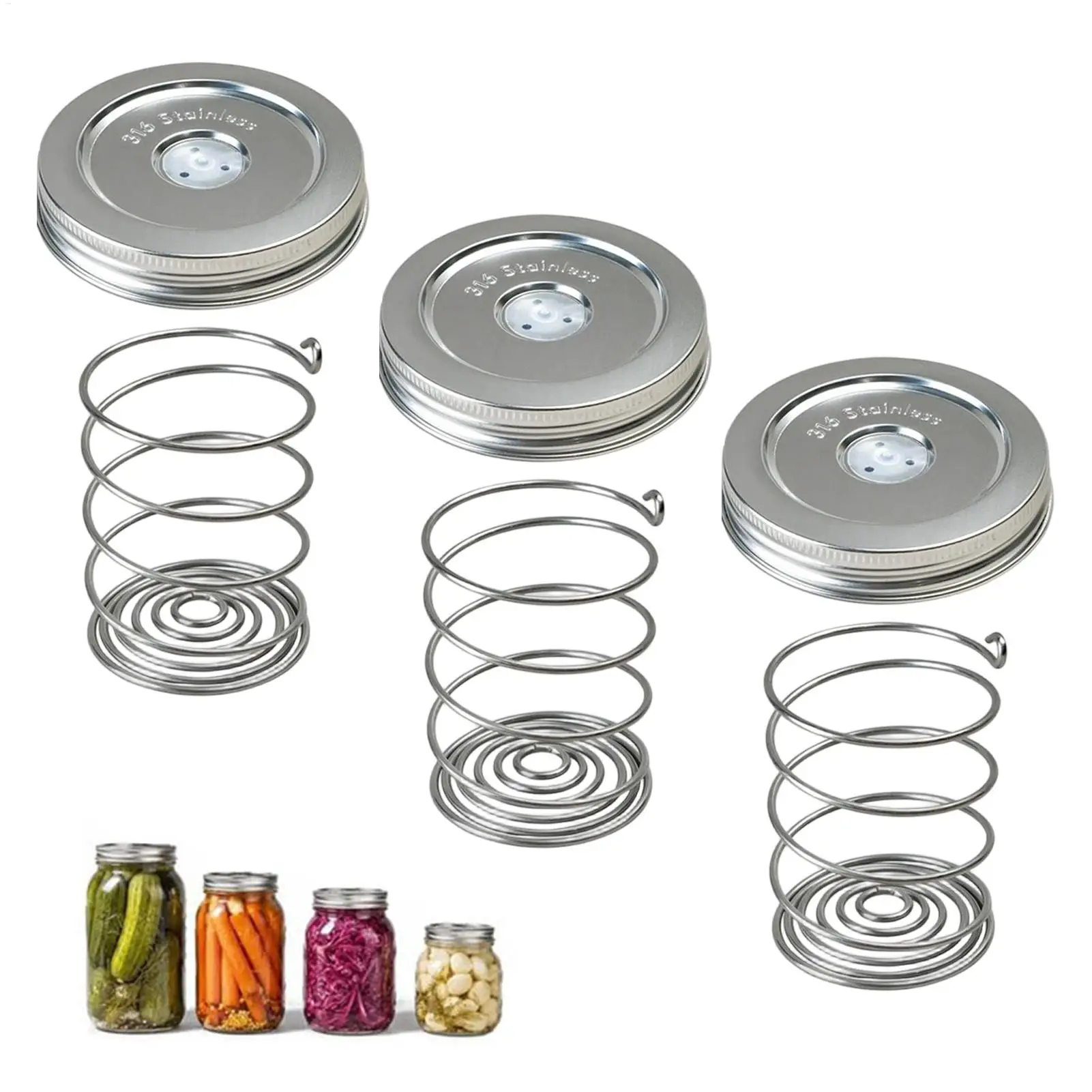Stainless Steel Fermentation Lids 3 Pack Wide Mouth Cover for Mason Jar with Springs Silicone Airlock for Pickles Home Brewing
