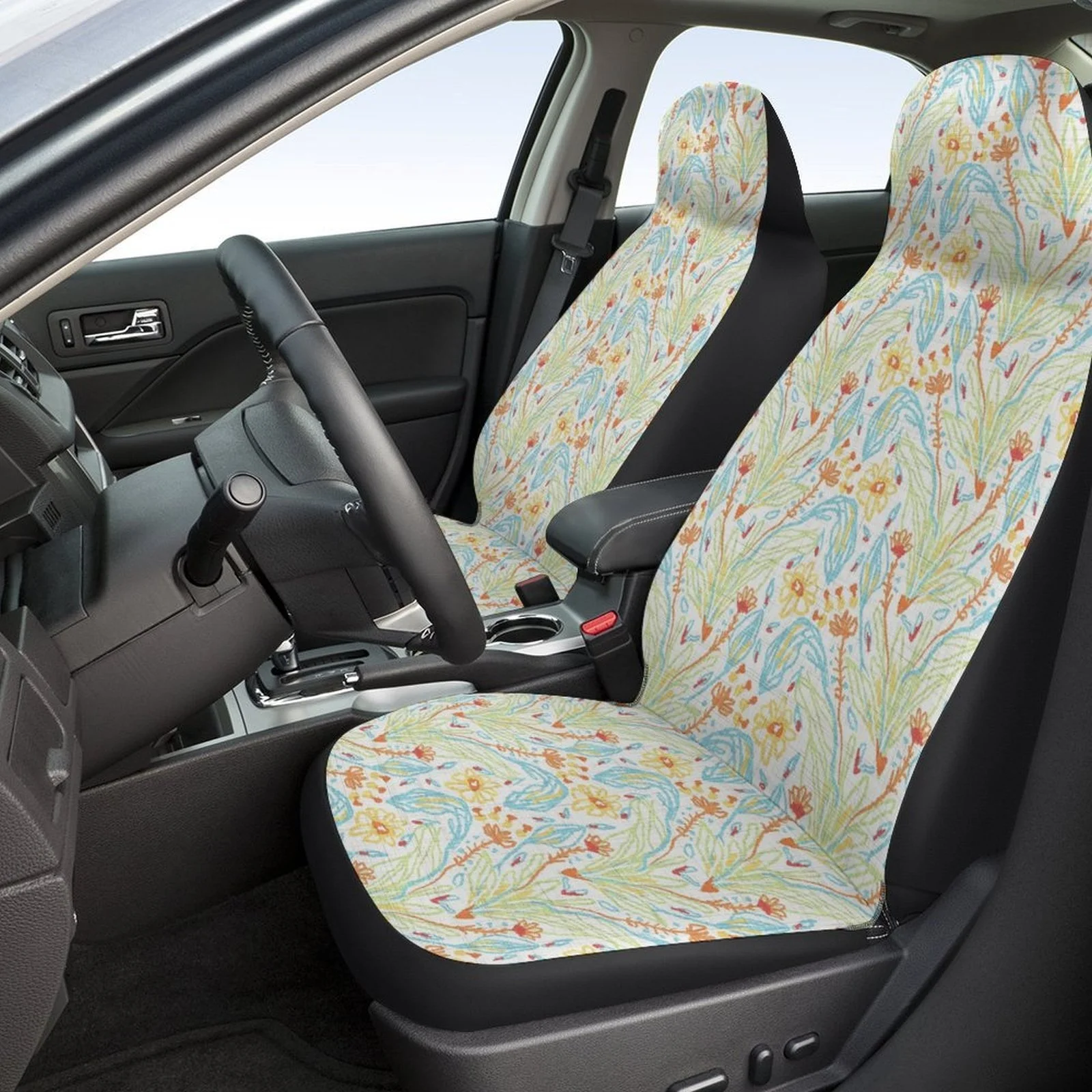 

2pcs Floral Car Seat Covers - Breathable, Non-Slip Front Seats, Fit, Pastoral Style With Small Flowers And Leaf Pattern, Machine
