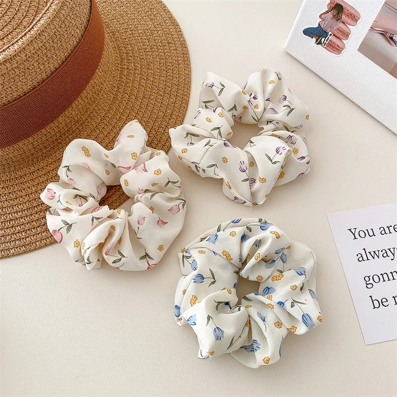 Korean Floral Print Scrunchies Women Girls Hair Ties Rose Hairband Hair Rope Summer Hair Accessories Ponytail Holder S12X07