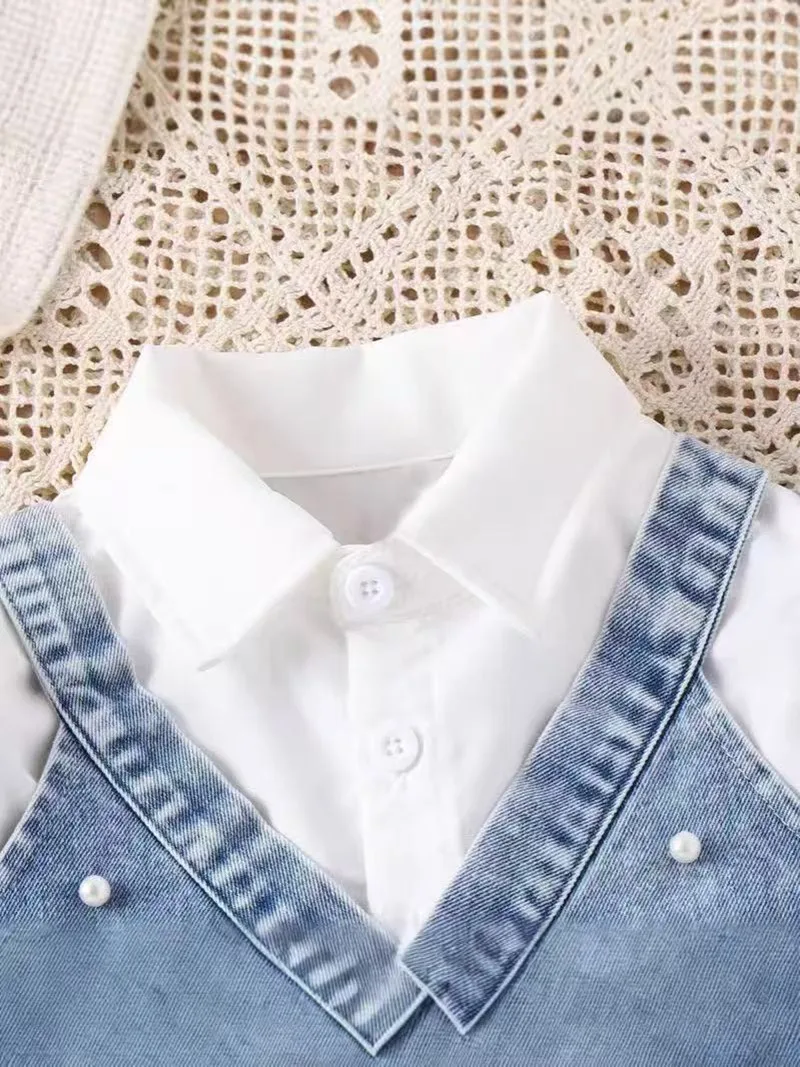 2026 New Summer Fashion Children Baby Girl Long Sleeve Shirt Dress Denim Beading Vest 2Pcs Outfits Clothes Solid Color Clothes