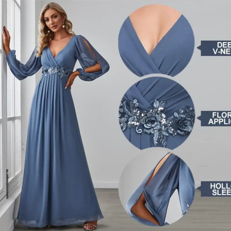 

Women Elegant Evening Dresses Sexy Deep V-Neck Hollow Long Sleeve Prom Dress Appliques Pleated Empire A-Line Maxi Bridal Vestido
