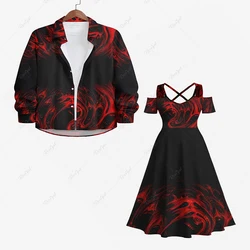 Plus Size Halloween Costume Ghost Fire Flame Printed Cold Shoulder Crisscross Maxi Dress And Buttons Long Sleeve Shirt For Men