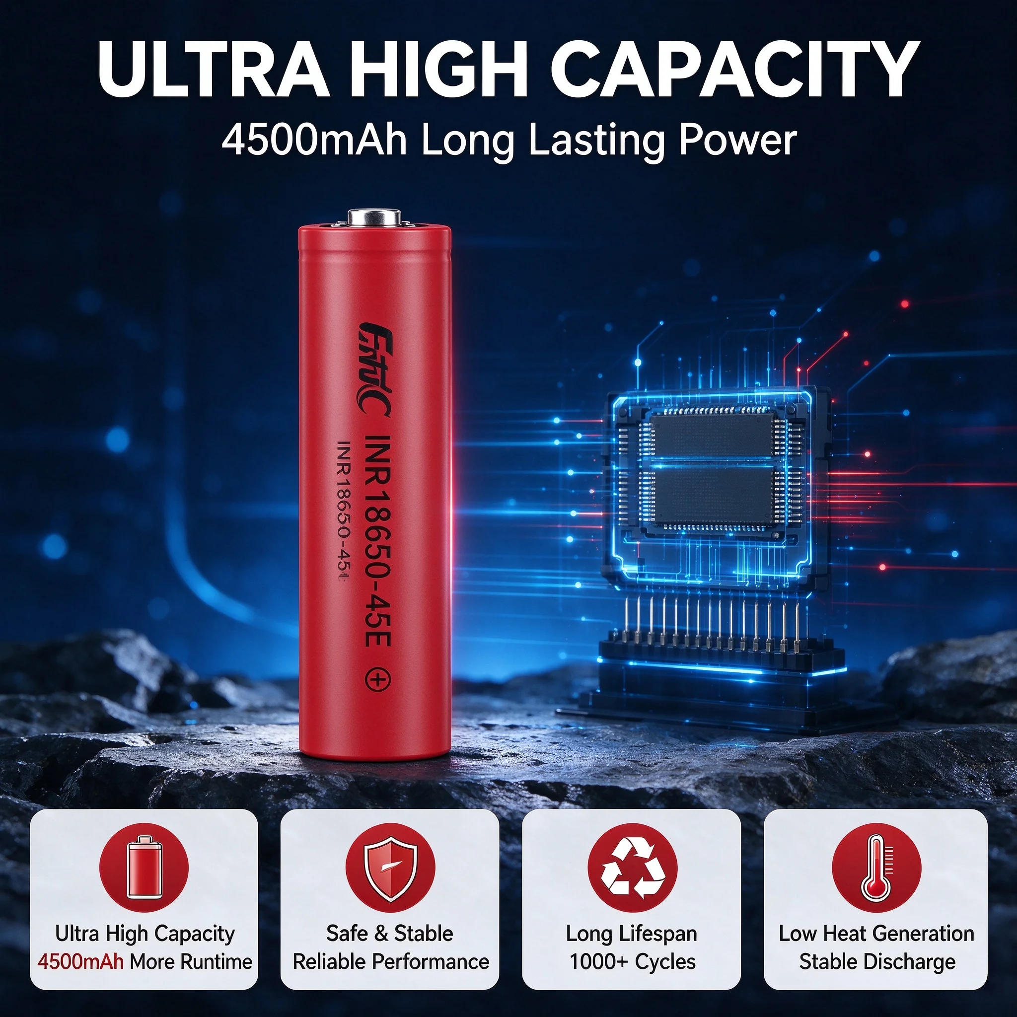 18650 Rechargeable Battery 3.7V 4500mAh High Capacity Long Life Safe  Reliable for Flashlight Camera Toys Remote Control