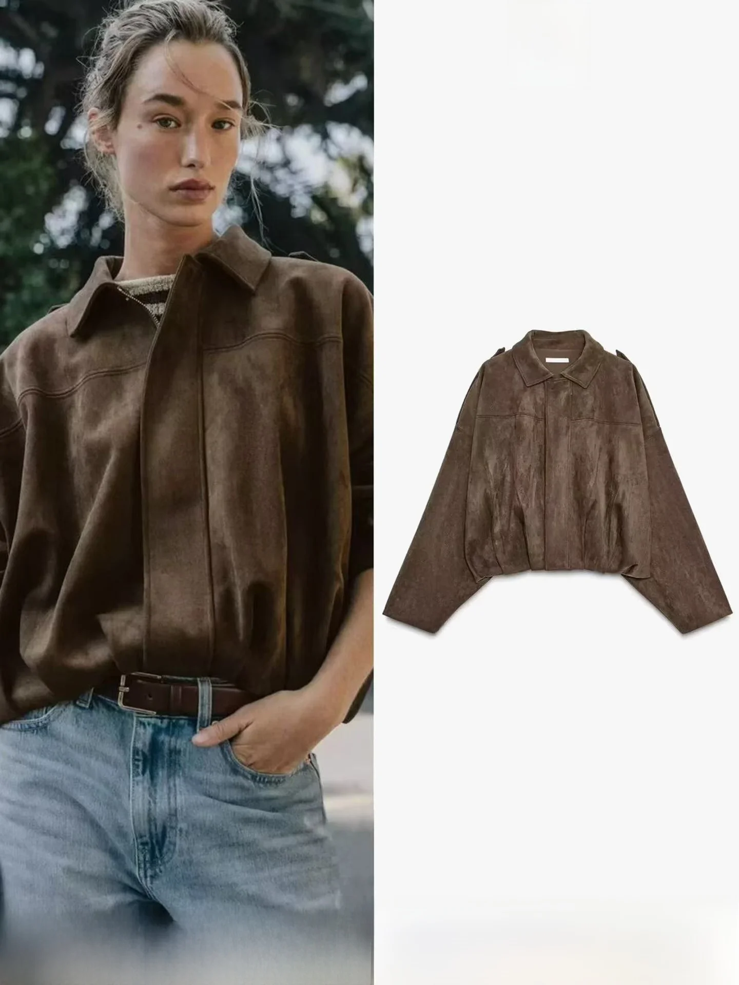 

Sweet Faionable Свободная замшевая длинная светящаяся куртка Jaet Женская повседневная верхняя одежда на молнии с декором на осень