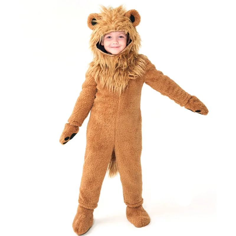 Cute Unisex Children Halloween Lion Costumes Kids Animal Cosplay Winter Pajamas Carnival Purim Christmas Stage Show Party Dress