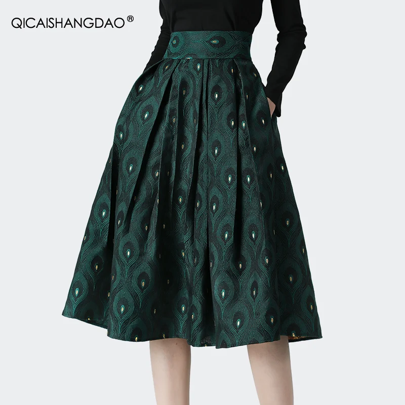 

Fashion Peacock Jacquard Women' Pleated Skirt High Waist A-Line Big Swing Long Skirts With Pockets Elegant Flowy Autumn Skirts