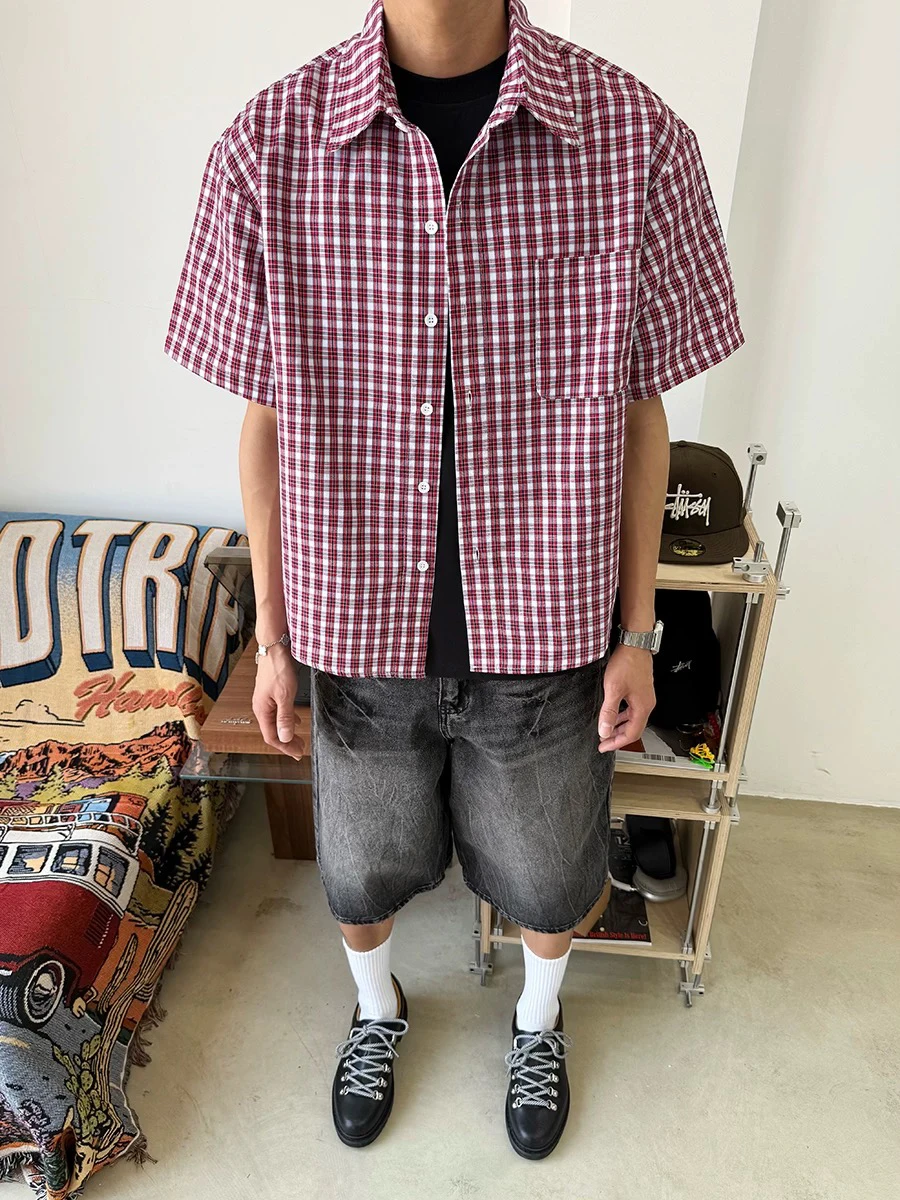 

Retro American Color Blo Plaid irt Men's Summer Casual Loose Commuting ort Sle Japanese Loose Fit Button down