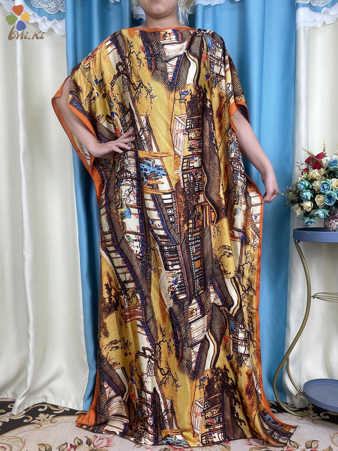 2024 New Fashion African Silk Abayas For Women Dubai Print Soft Summer Loose Femme Robe Party Evening Dress With Belt Turban