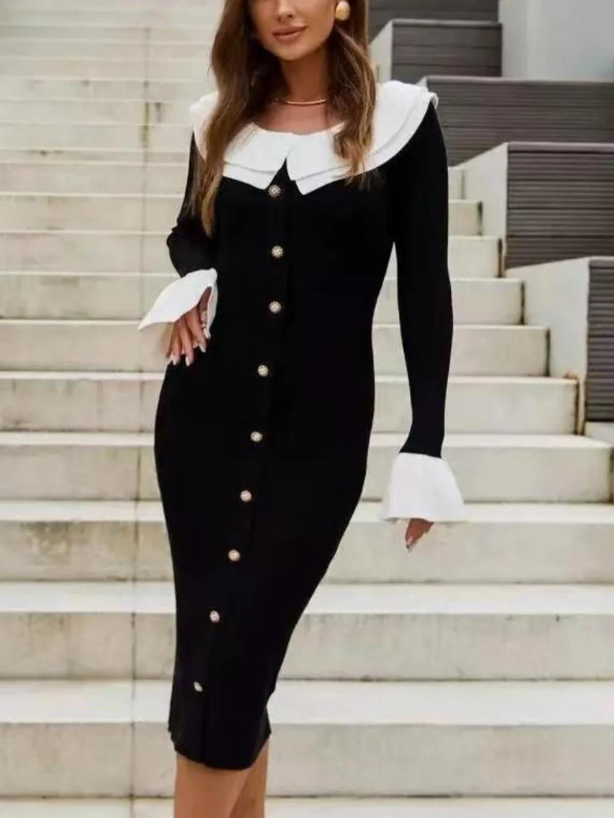 Faionable Splicing Gestrickter Dr. Long Sve Midirock mit hoher Taille, Farbe Blo Bell Sve Commute Sle Neu eingetroffen