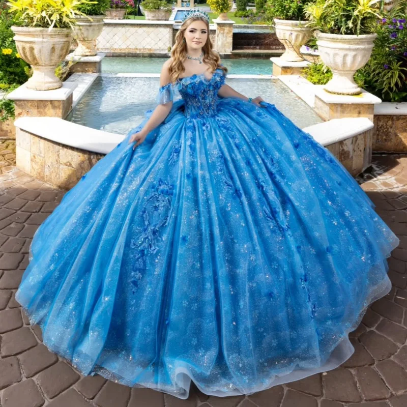 

Blue Shiny Quinceanera Dresses Ball Gown Off The Shoulder Sequin Applique Lace Beading Crystal Tull Sweet 16 Dress Vestidos 15