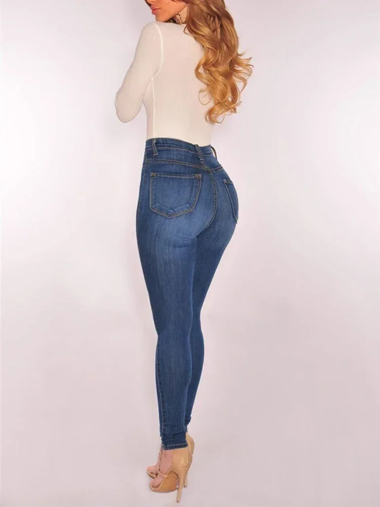 Kobiety Wysoka talia Rozciągliwe Skinny Jeans Lady Vintage Button Slim Pencil Długie spodnie Casualowe wąskie proste nogawki Wrap Hips Spodnie