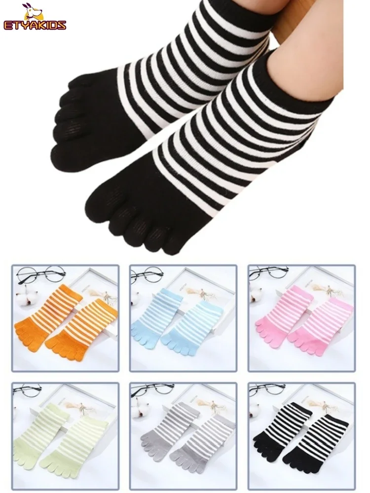 1Pairs Kids Toe Socks Striped Cotton-finger Socks for 4-12T Children Boys Girls Casual Five Toes Socks Breathable Short Socks