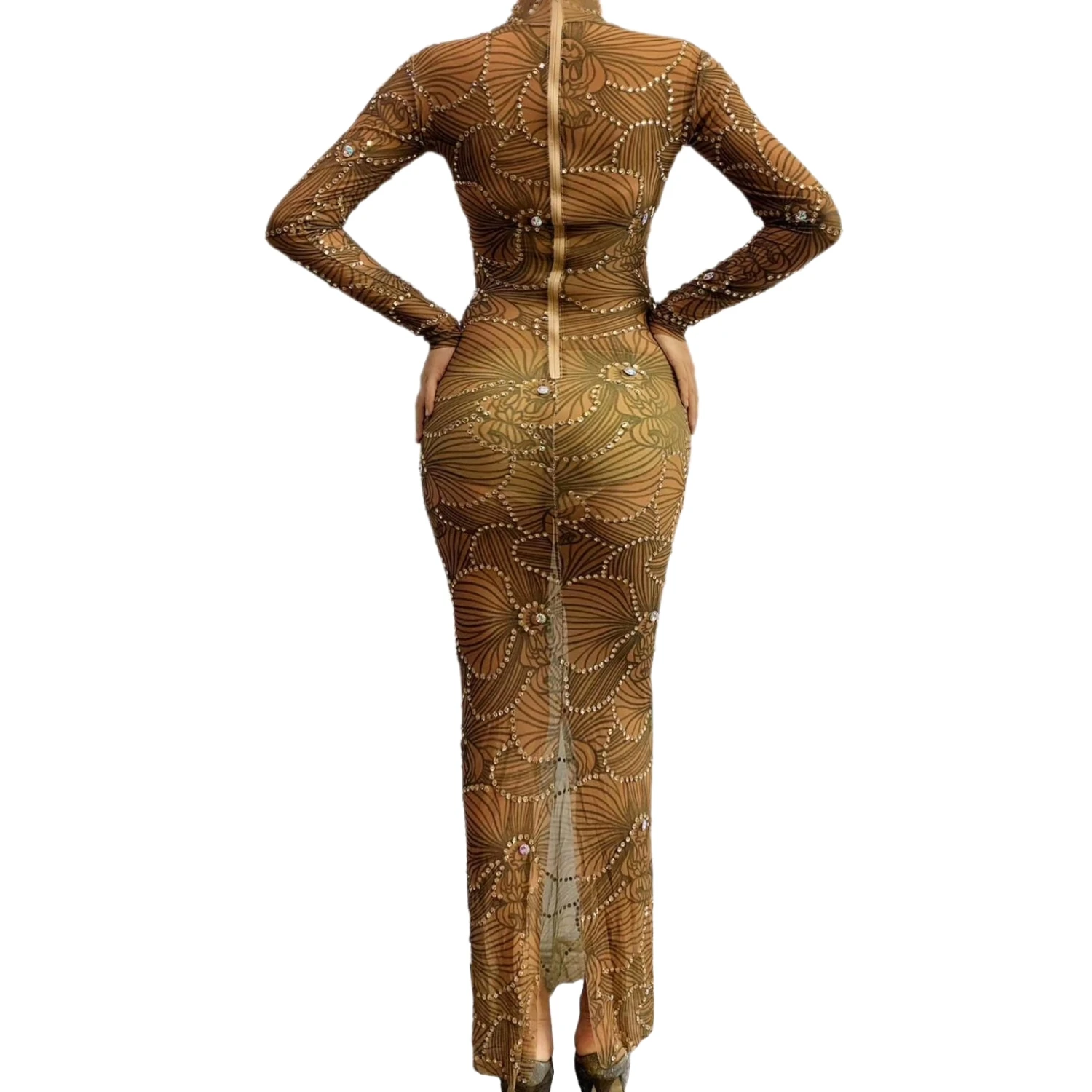 Hetaohua Womens Sexy Brown Floral Print Sheer Mesh Maxi Dress Long Sleeve High Neck Rhinestone Embellished Bodycon Party Dress