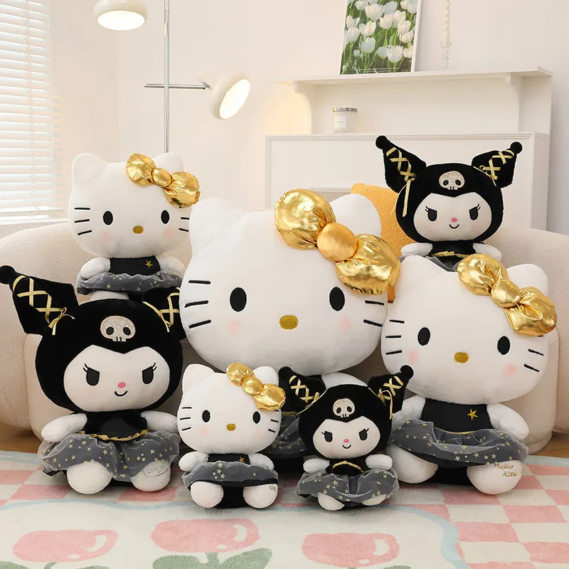 35CM Sanrio Black Gold Series Kuromi&HelloKitty Cute Plush Stuffed Doll KT Cat Soft Children's Playmate Girlfriend Birthday Gift