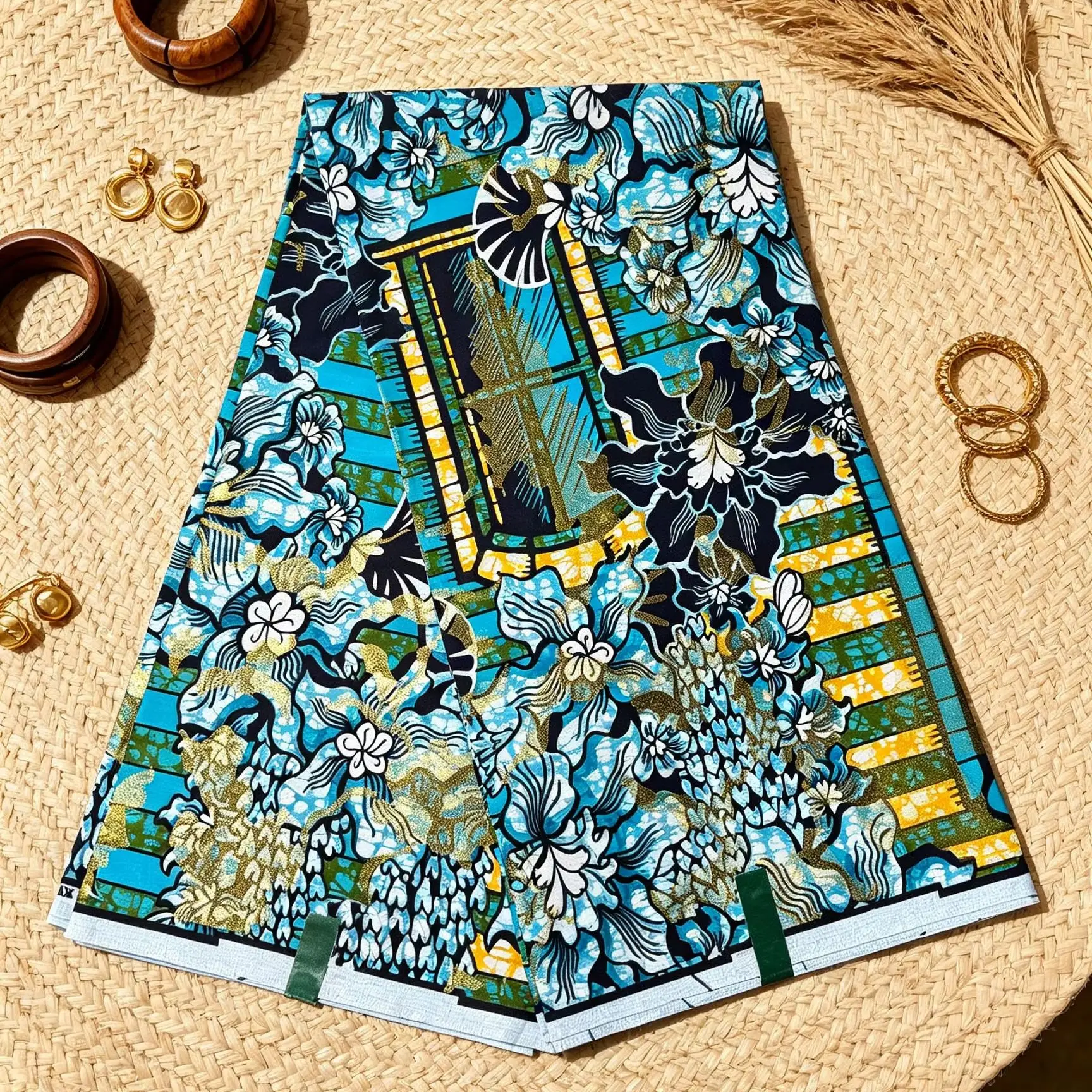 African Gold Sand Wax Fabric Turquoise Blue Floral Ankara Print 6Yards Cotton Batik Pagne Material For Women Party Dress Sewing