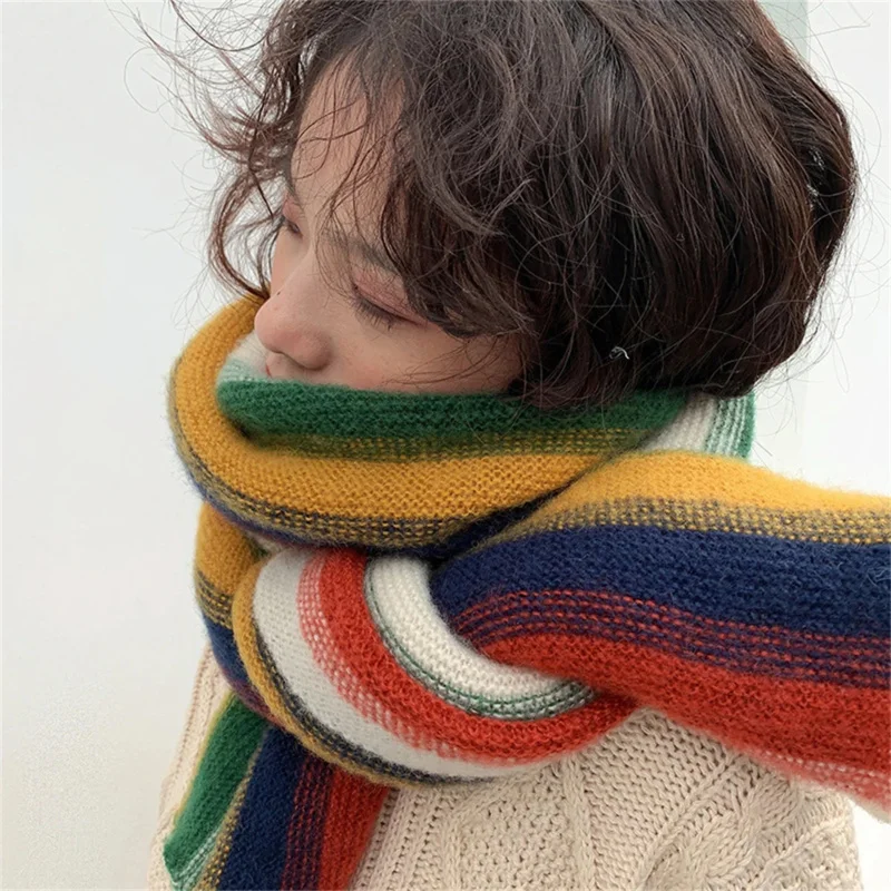 Rainbow Knit Scarf for Women Winter Thick Faux Cashmere Stripe Shawl and Wrap Fashion Warm Streetwear Girl's Foulard Scarves