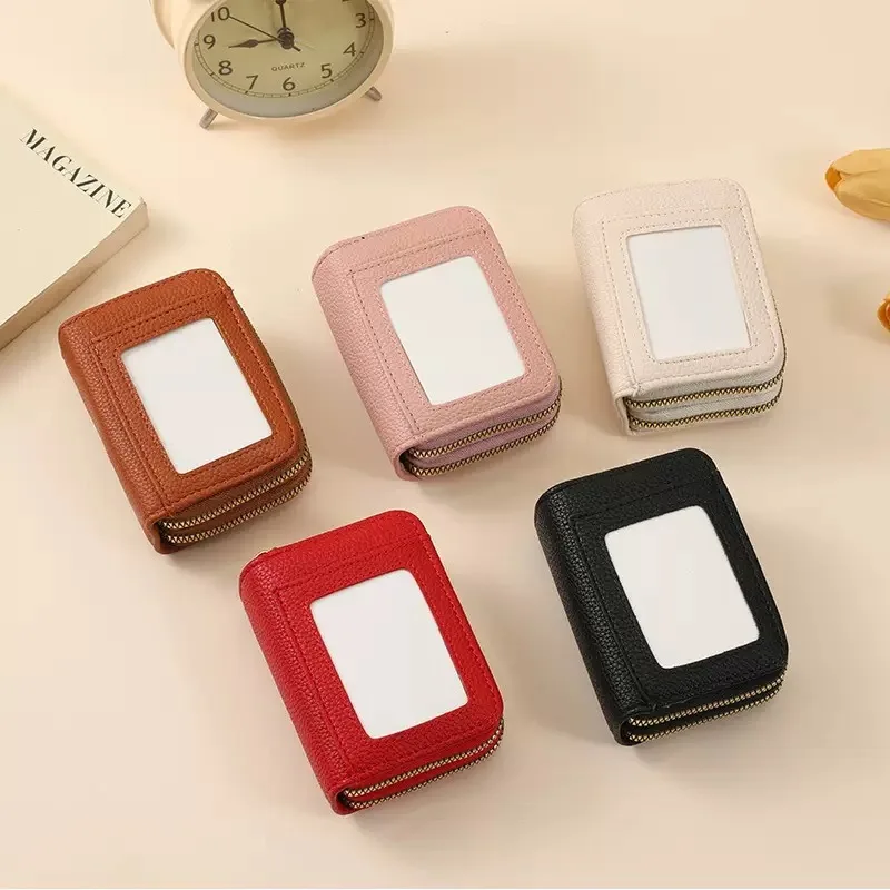 Women Small Zipper Card Wallet PU Leather Multi‑slot ID Card Holder With Clear Window Mini Coin Purse Portable Credit Card Case