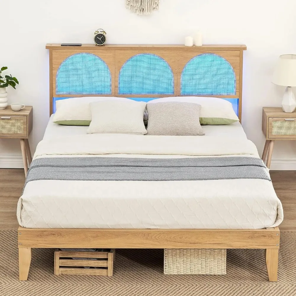 Full Bed Frame with Natural Rattan Headboard,Storage Headboard,Mattress Foundation,NoiseFree,No Box Spring Needed