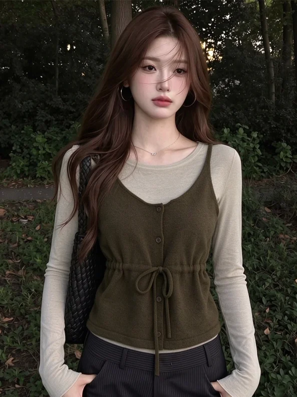 Green Knot Waist Long Sleeve Knitted Sweater Women's Autumn Casual Slim Fit Casual Style Two Piece Set Top Quality Knittedwear