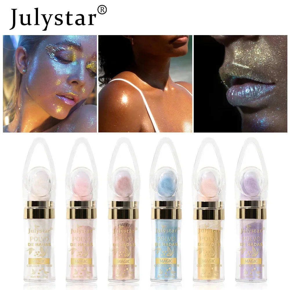 Julystar แป้งสำหรับใบหน้าและร่างกาย6สีประกายแวววาวกันน้ำติดทนนานแป้งไฮไลท์ทาตัวเซ็กซี่คอนทัวร์บลัช10กรัม