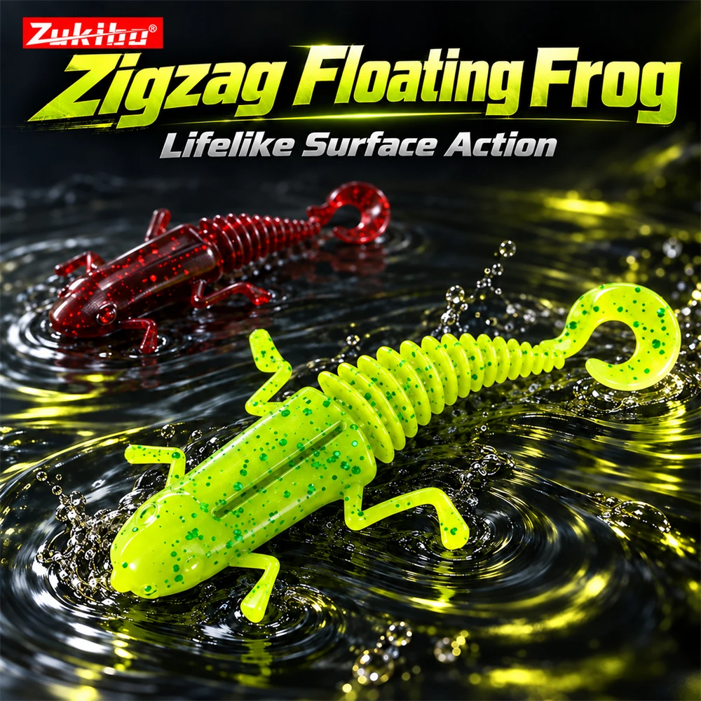 ZUKIBO Zig Zag Frog Weicher Köder Schwimmender Wurm mit Lockigem Schwanz für Barsch, Hecht, Ned Rig, Künstlicher Angelköder, Duftend, Mehrfachpack