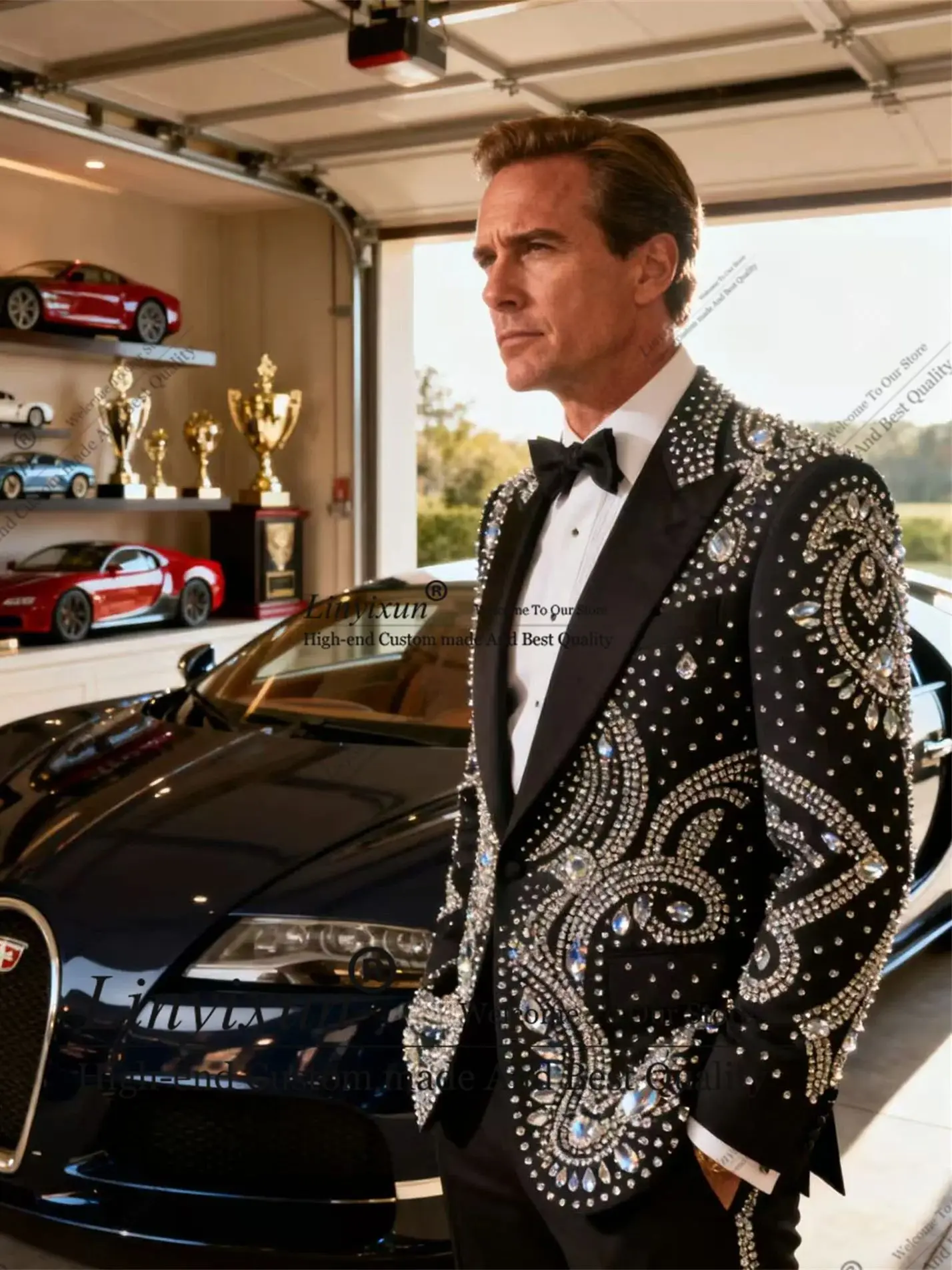 

High-end Design Daimond Beaded Wedding Suit For Men 2 Pieces Costume Homme Customized Groom Slim Fit Business Male Party Blazer