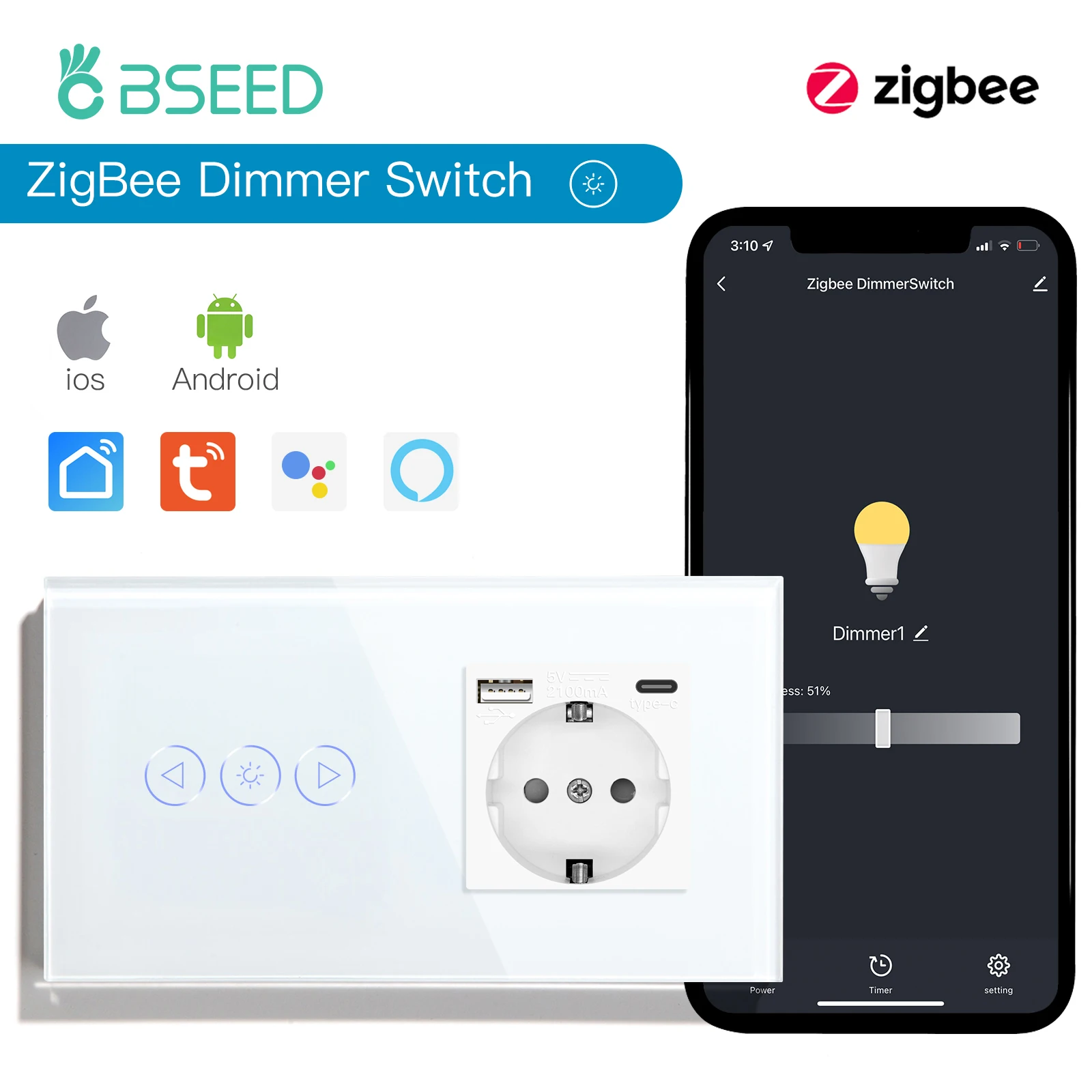 BSEED Besamen ZigBee Dimmer Schalter Tuya App Steuerung Smart Dim mable Serie Weißglas Unterstützung Google Smart Life LED Dimmer Schalter 8