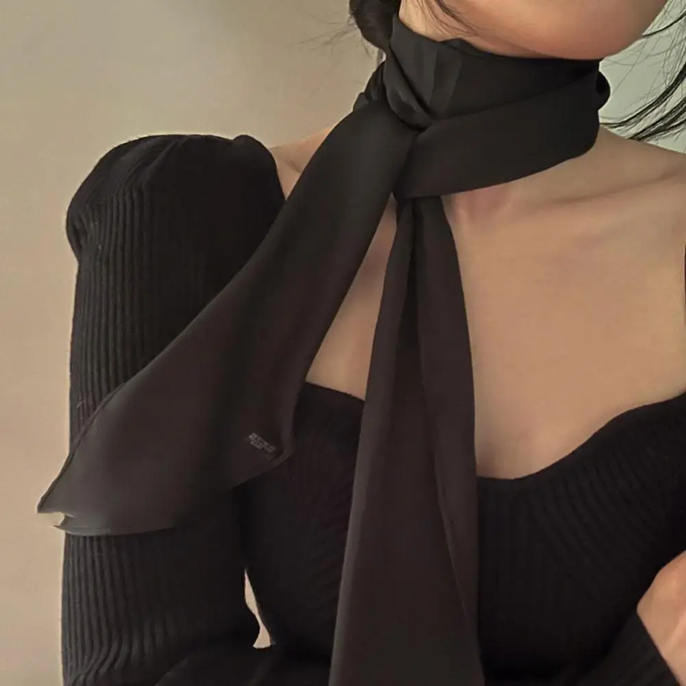 로맨틱 분위기 프렌치 우아한 단색 좁은 롱 실크 스카프, 빈티지 샴페인 부드러운 타이 헤어 리본, 헤어 액세서리