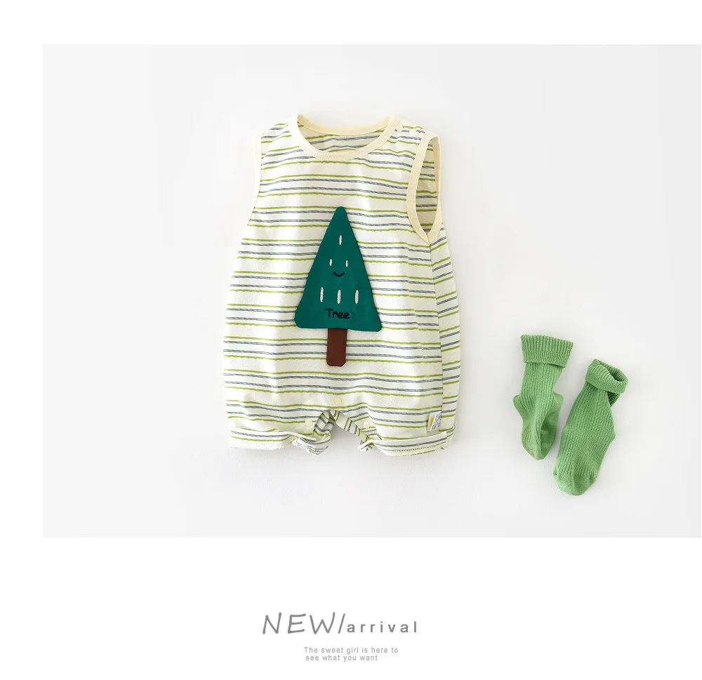 Baby Jumpsuit Summer for Boy and Girl Babies Korean Green Striped Small Tree Cool Newborn Sleeveless Rompers