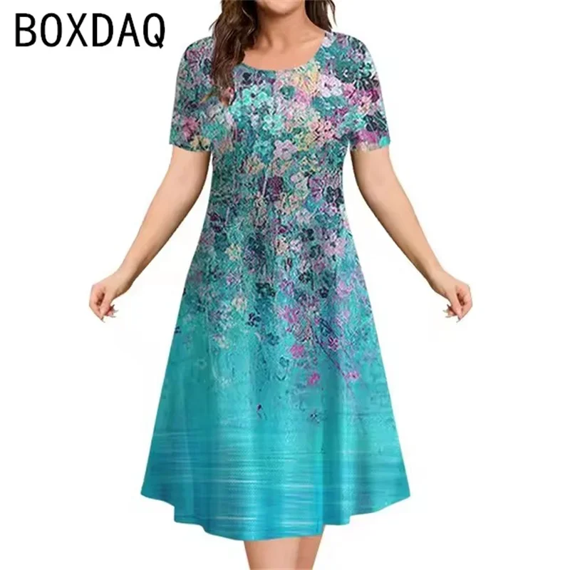 Plus Size Womens A-Line Dress Vintage 3D Flowers Pattern Casual Mini Dress Female Summer Short Sleeve O-Neck Loose A-Line Dress