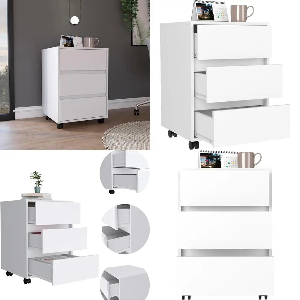 خزانة ملفات حديثة ذات 3 أدراج لتنظيم المكاتب مع عجلات قفل، ارتفاع 25.8، أبيض، مثالية لتخزين مساحة العمل الفعالة