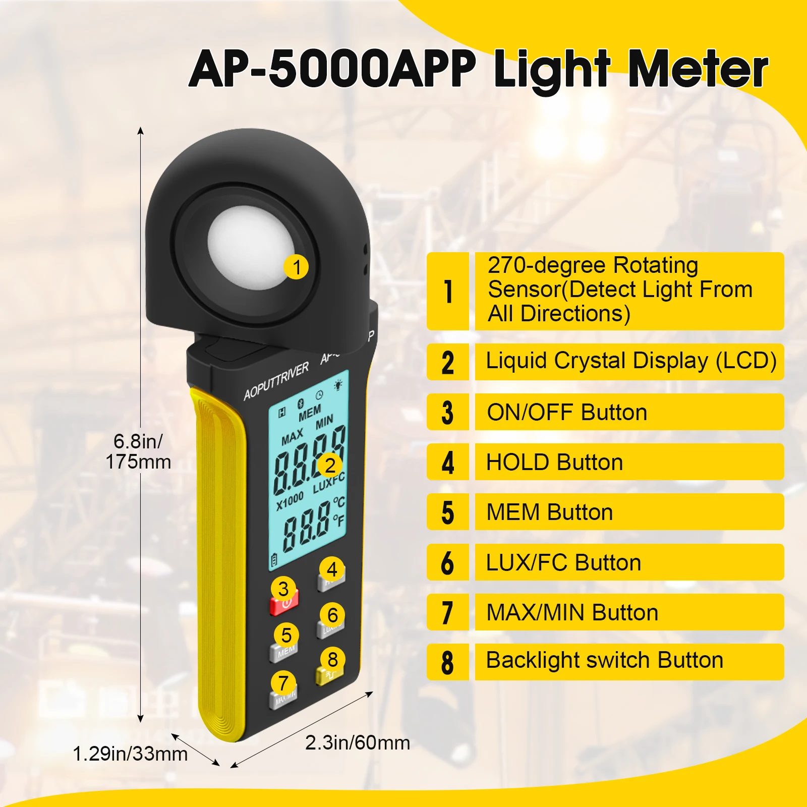 

5000APP Bluetooth Light Meter Lux Meter 1-400,000 Lux Digital Illuminance Meter with Temperature Sensor for Plants